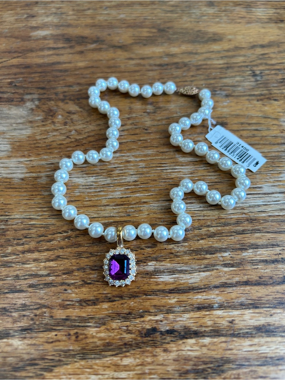 Classic White Pearl Necklace with Purple Crystal Halo Pendant - Picture 2 of 6